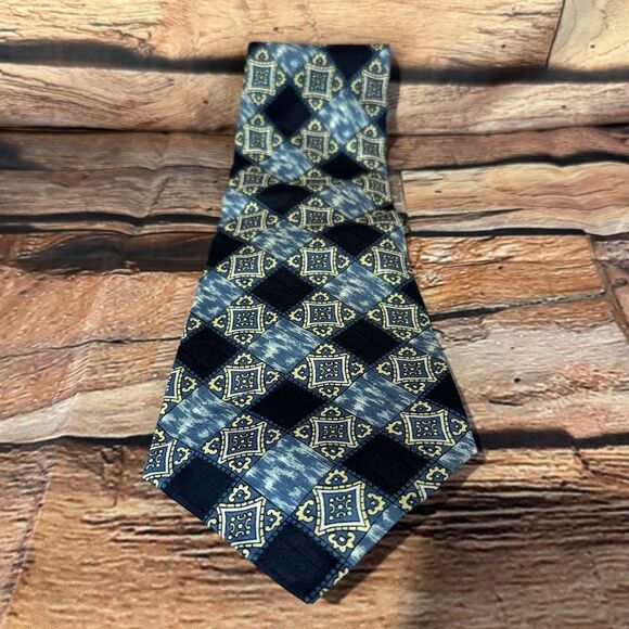Jean Patou Paris Necktie Men’s Blue Silk Geometric Checked Wide 50” Regency - Picture 2 of 6